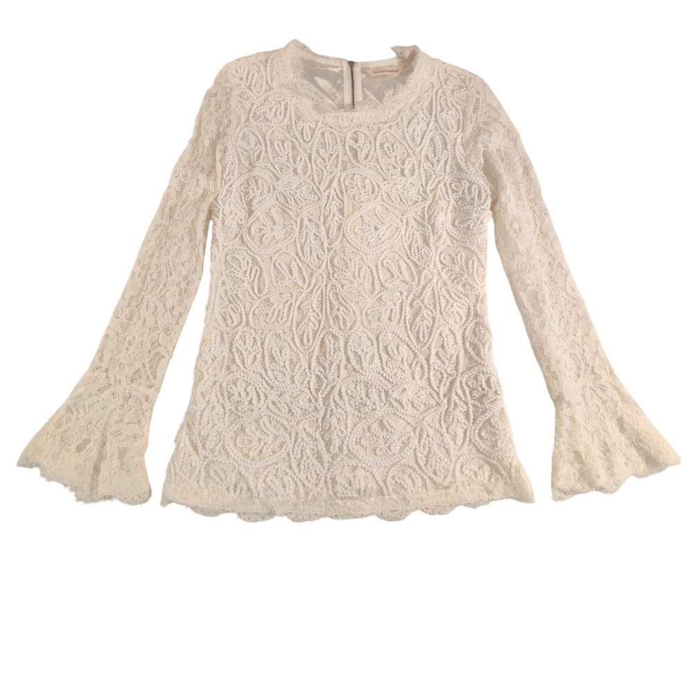 Soft Surroundings White Lilith Lace Bell Sleeve Textured Embroidery Lined Size S